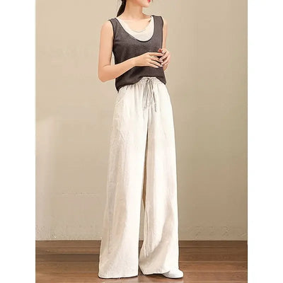 Wide-leg Pants Spring Casual Women's Versatile Loose Cotton Linen High-waist Drawstring Straight Trousers