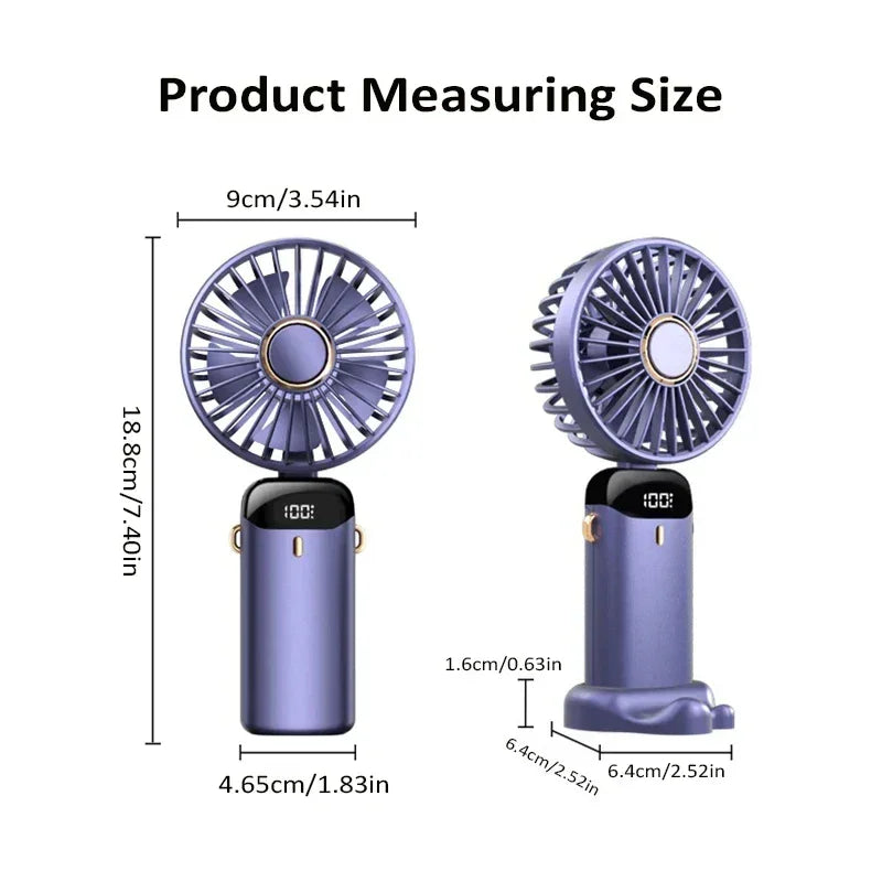 3000mAh Handheld Mini Fan Foldable Portable Neck Hanging Fans 5 Speed USB Rechargeable Fan with Phone Stand and Display Screen