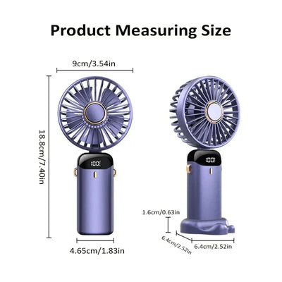 3000mAh Handheld Mini Fan Foldable Portable Neck Hanging Fans 5 Speed USB Rechargeable Fan with Phone Stand and Display Screen