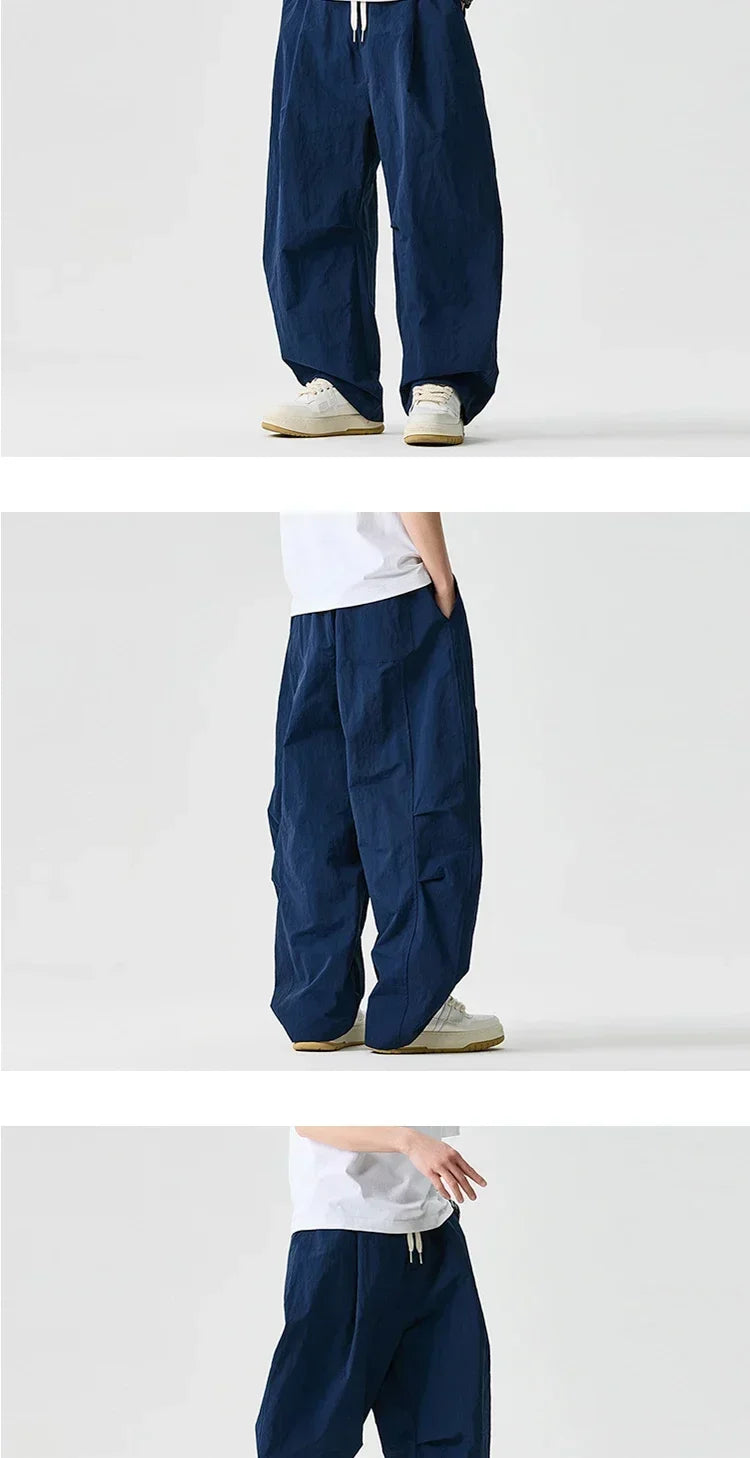 Wide leg Pants Men Harajuku Japanese Style Loose Casual Pants Men Solid Comfortable Elastic Waist Trouser Outdoor Walking Hiking