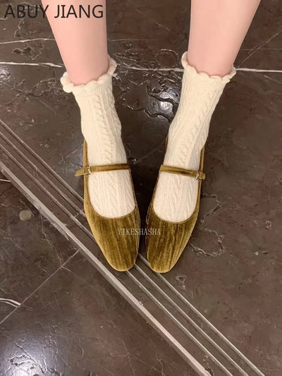 2025 Women Shoes Luxury Velvet Ballet Shoes Women Square Toe Flat Mary Janes Ladies Fashion Buckle Strap Velour Shallow Loafers