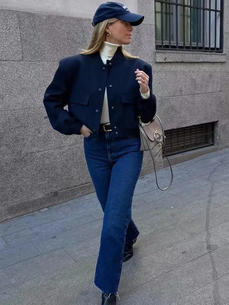 Button bomber cropped jackets woman coat autumn winter outerwear