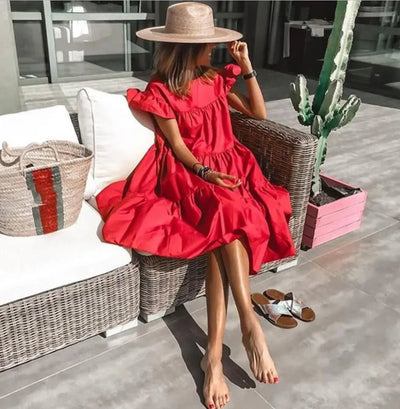 Women's Summer Ruff Sundress Elegant Casual Party Beach Vintage Swing Midi Dress 2022 Solid Bohemian Oversized Vestidos Robe