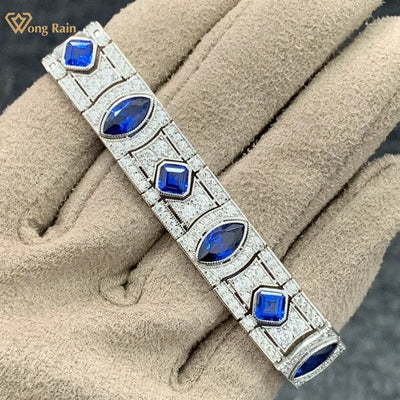 Wong Rain Elegant 100% 925 Sterling Silver Marquise Cut Sapphire Gemstone Women Bracelets Bangle Fine Jewelry Anniversary Gifts