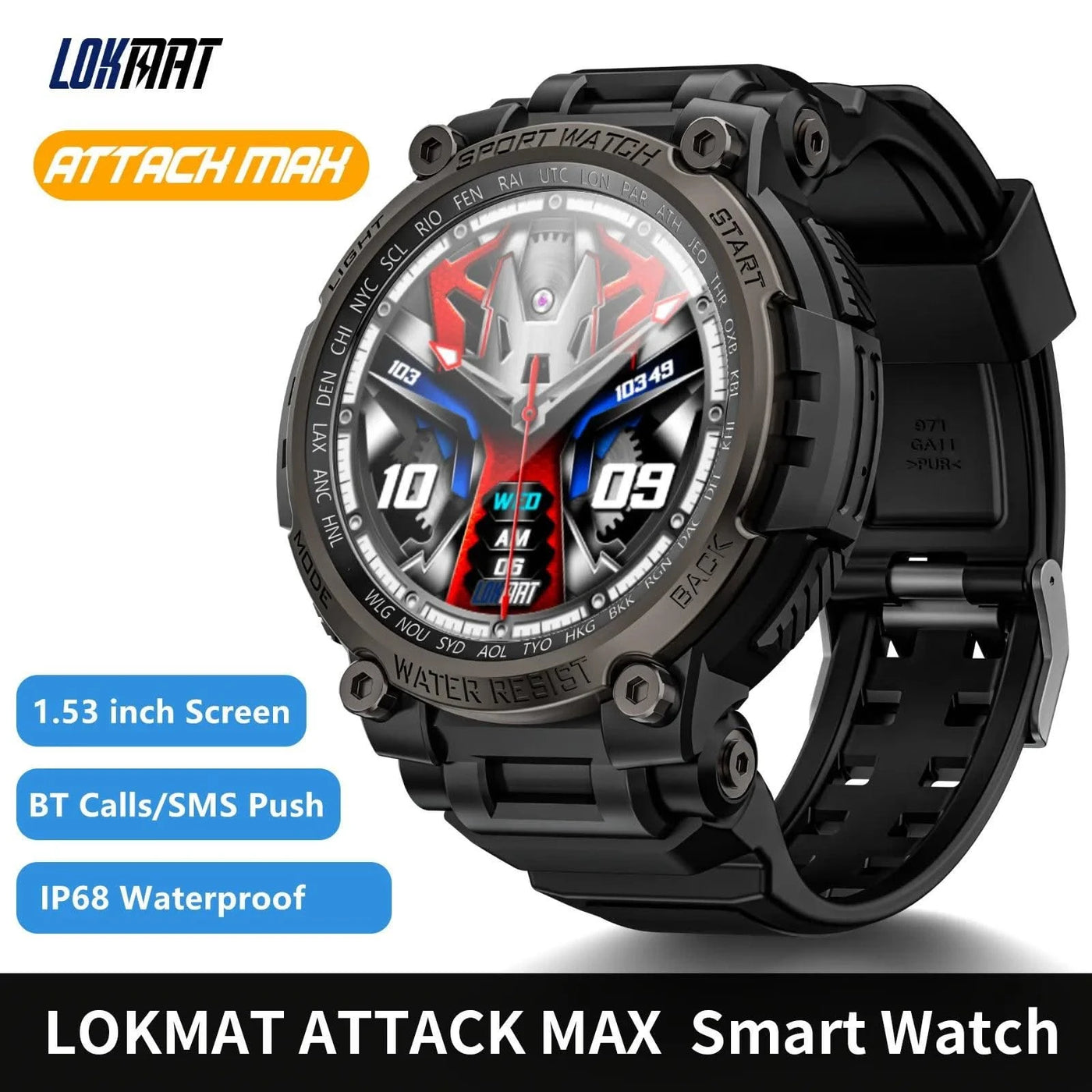 LOKMAT New ATTACK MAX Sport Rugged Smart Watch BT Calls Waterproof Military Smartwatches Heart Rate Monitor Fitness Tracker