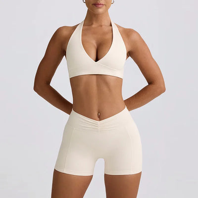 Women's Yoga Suits Quick Drying Leggings Gym Shorts Nude Hanging Neck Bra Running Gym Exercise Sets