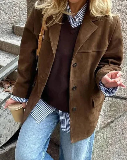 2024 Women's Autumn Coats Vintage Brown Suede Leather Women's Blazer Jacket Fashion Lapel Single Breasted Pocket Short Jacket - Elanique