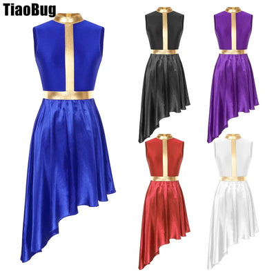 Women Lyrical Dance Dress Color Block Patchwork Invisible Zipper Back Flowy Asymmetrical Hem Sleeveless Dresses Dancewear