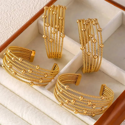 Statement Modern Luxury C Shape Stainless Steel Multi-Layers Gold Ball Beads Cuff Bracelet Bold Chunky Big Stack Bangles Jewelry