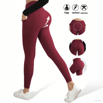 Women Leggings with Pockets Tummy Control Solid Color