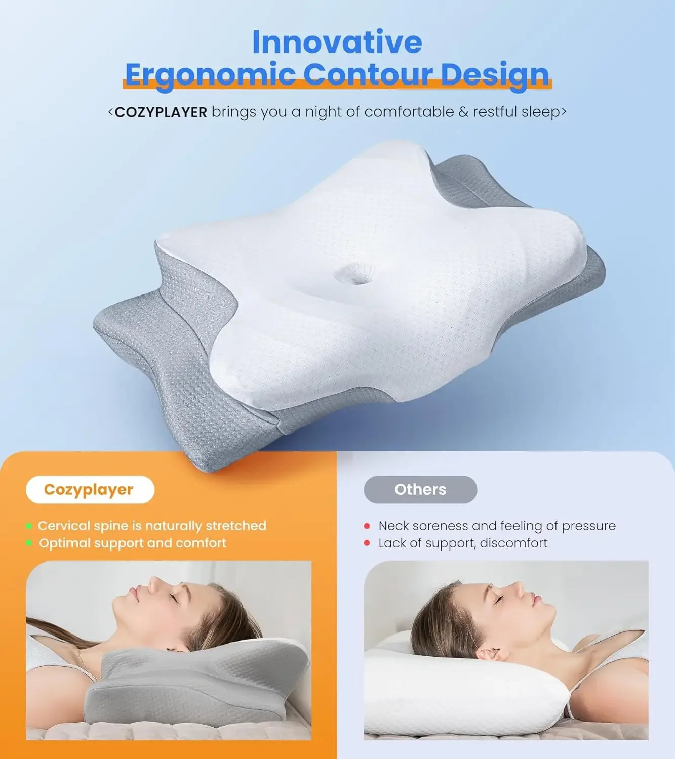 Ergonomic Contour Memory Foam Pillows Ultra Pain Relief Cooling Pillow for Neck Support Adjustable Cervical Pillow Cozy Sleeping