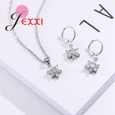 Gorgeous Flower Jewelry Sets Micro Inlaid White Round Crystal 925 Sterling Silver Brand Pendant Necklace/Dangle Earrings
