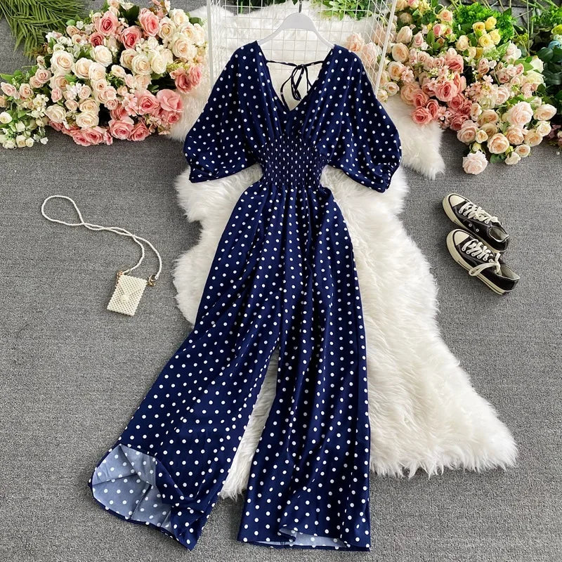 V Neck Sexy Dolman Sleeves Waist Slim Polka Dot Print Jumpsuit Women Wide Leg Trousers Jumpsuit