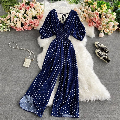 V Neck Sexy Dolman Sleeves Waist Slim Polka Dot Print Jumpsuit Women Wide Leg Trousers Jumpsuit