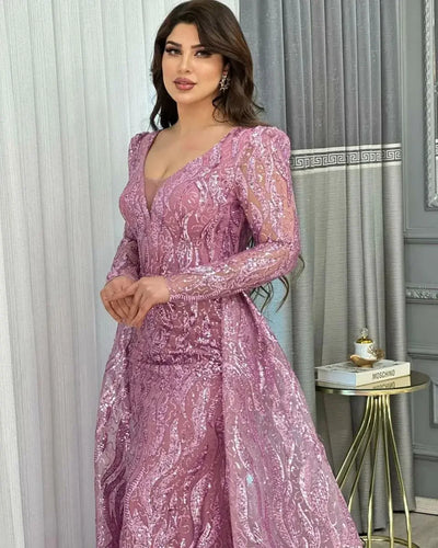 Custom Elegant Purple Women's Prom Dress With O-Neck Long Sleeve Wavy Pattern Sequin Vestidos Party Evening Dress Customiz