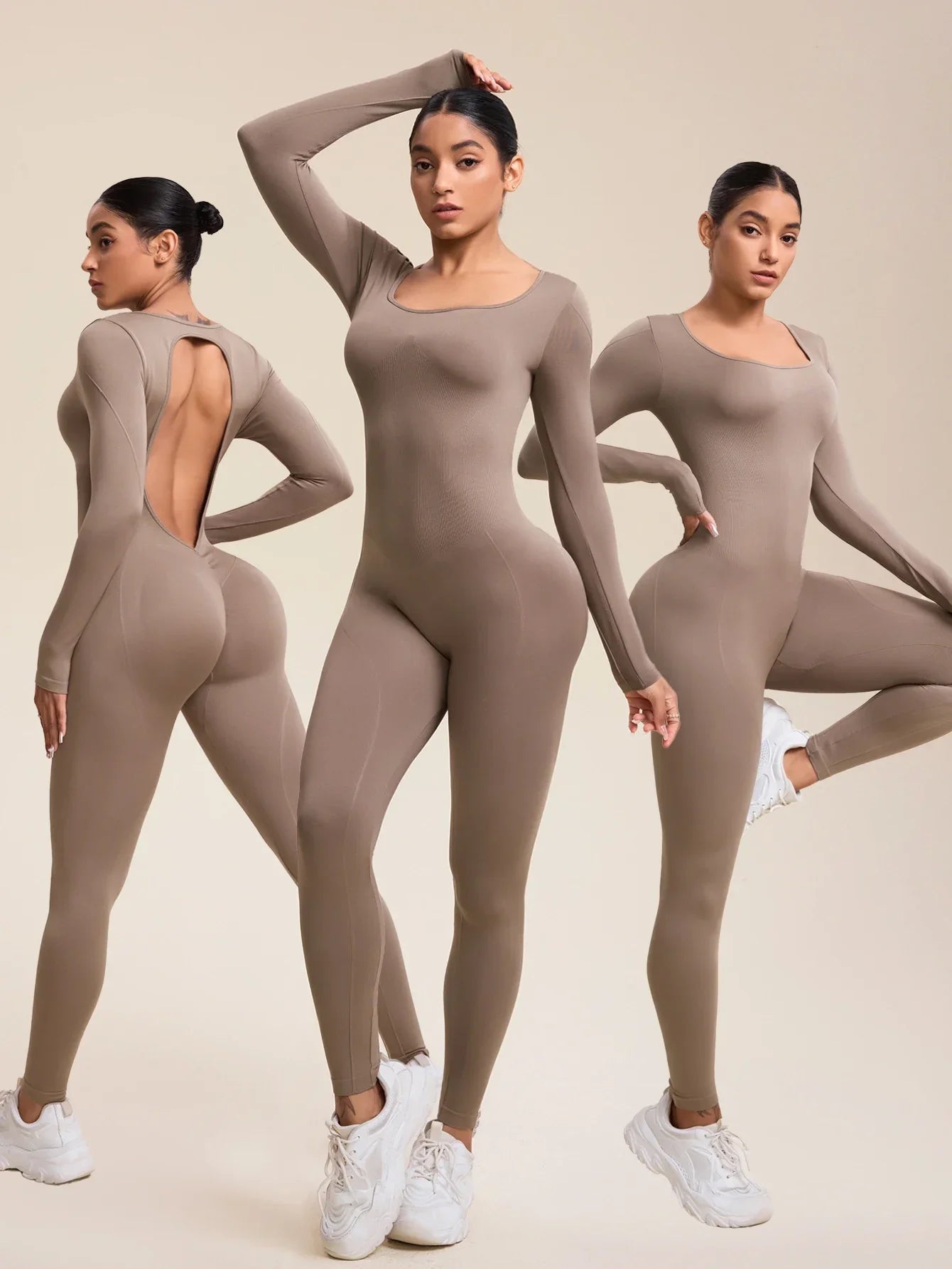 Women Jumpsuits Long Sleeve Sexy Backless Bodycon Rompers Scrunch Butt V Back Playsuit Workout Bodysuit