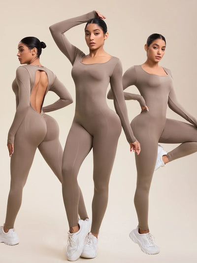 Women Jumpsuits Long Sleeve Sexy Backless Bodycon Rompers Scrunch Butt V Back Playsuit Workout Bodysuit