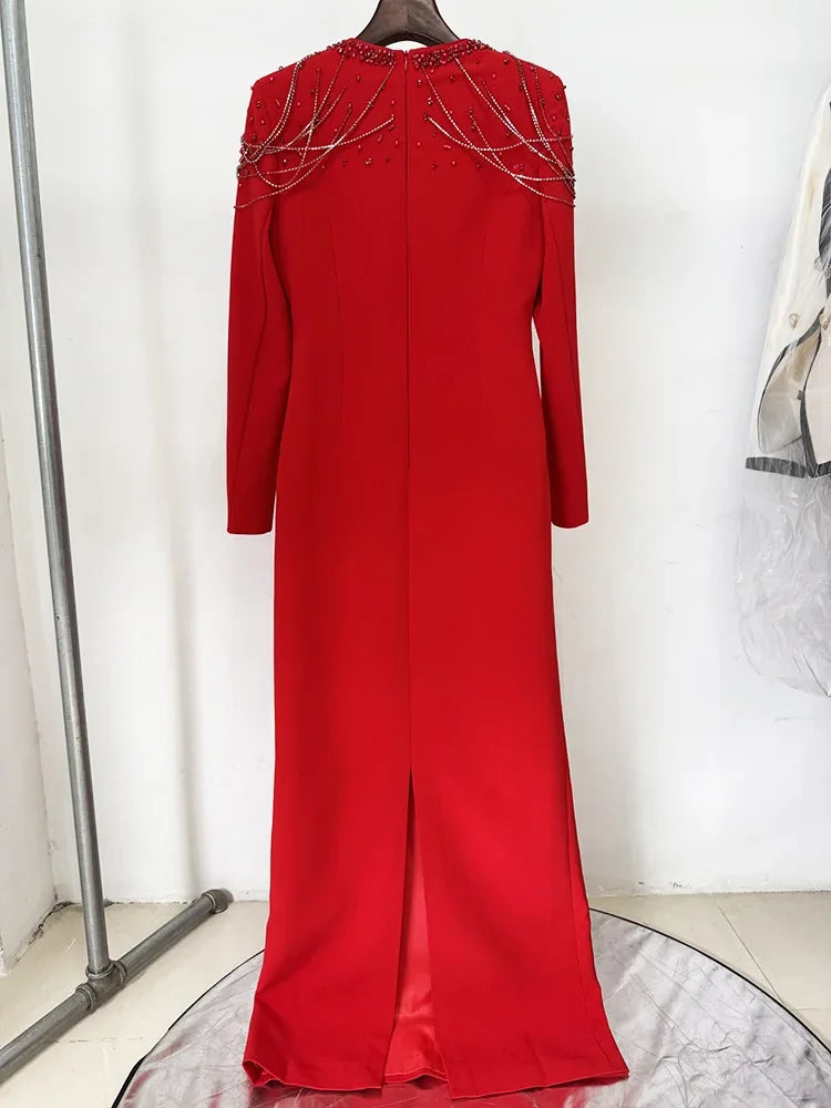 HIGH QUALITY Newest 2025 Designer Women's Slim Diamonds Beaded Long Sleeve Maxi Long Evening Dress