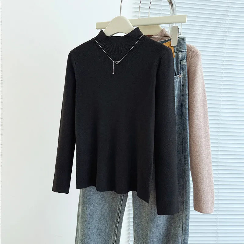 Sweaters Autumn Women Mock Neck Ruffles Sweater Long Sleeve Knitted Bottoming Solid Pullovers Jumpers Casual Sweater Winter