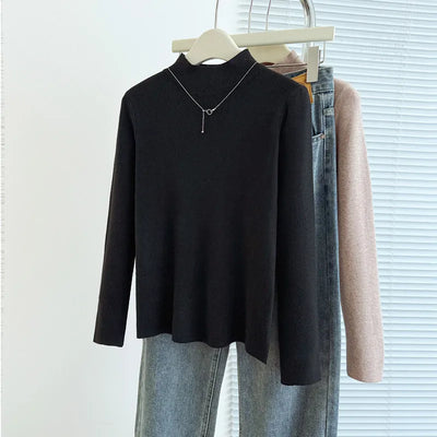 Sweaters Autumn Women Mock Neck Ruffles Sweater Long Sleeve Knitted Bottoming Solid Pullovers Jumpers Casual Sweater Winter