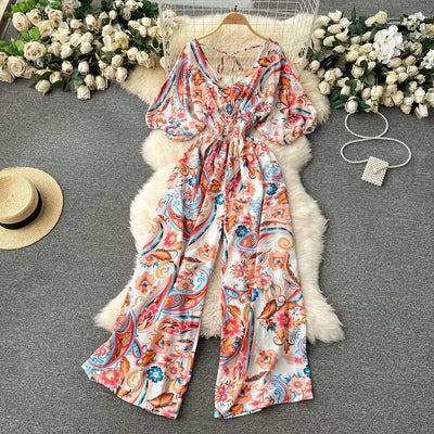 V Neck Sexy Dolman Sleeves Waist Slim Polka Dot Print Jumpsuit Women Wide Leg Trousers Jumpsuit