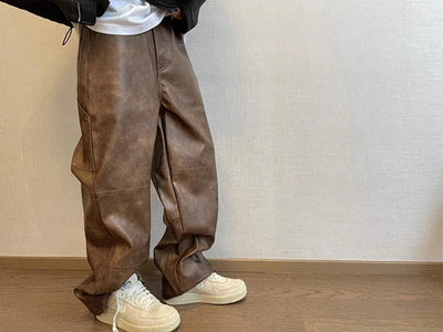 Mauroicardi Autumn Long Retro Cool Baggy Distressed Washed Brown Soft Pu Leather Wide Leg Pants for Men Luxury Designer Clothes