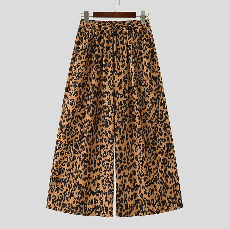 Men Wide Leg Pants Leopard Printing Drawstring Joggers Casual Trousers Men Streetwear 2025 Oversize Pleated Long Pants INCERUN