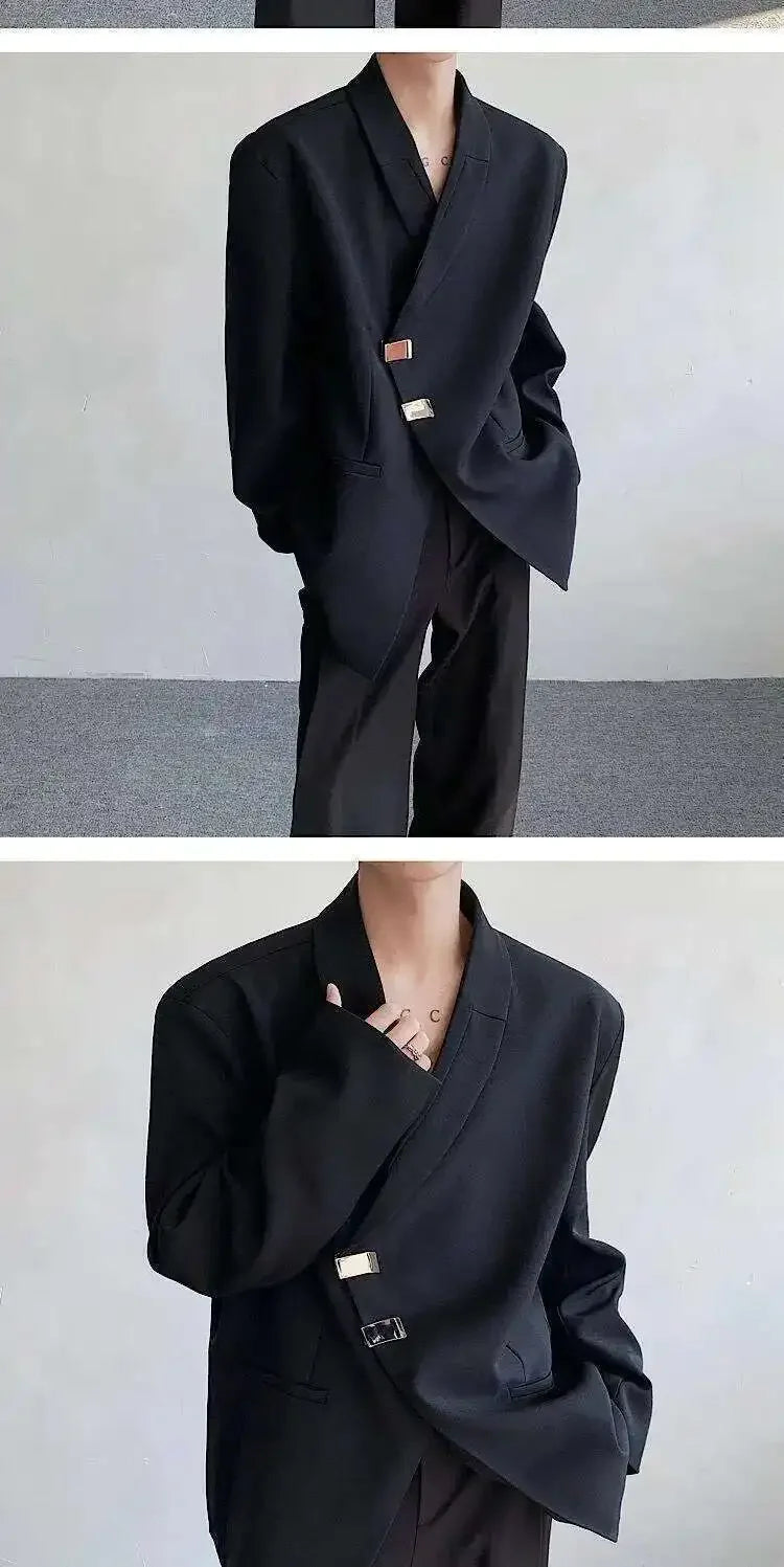 IEFB Metal Button Design Men's Blazers Shawl Collar Oblique Placket Design Casual Clothing Solid Color Male Suit Jackets 9W957
