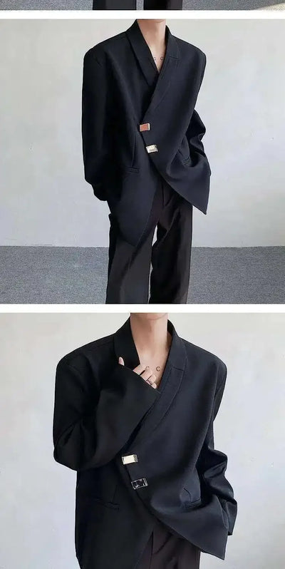 IEFB Metal Button Design Men's Blazers Shawl Collar Oblique Placket Design Casual Clothing Solid Color Male Suit Jackets 9W957