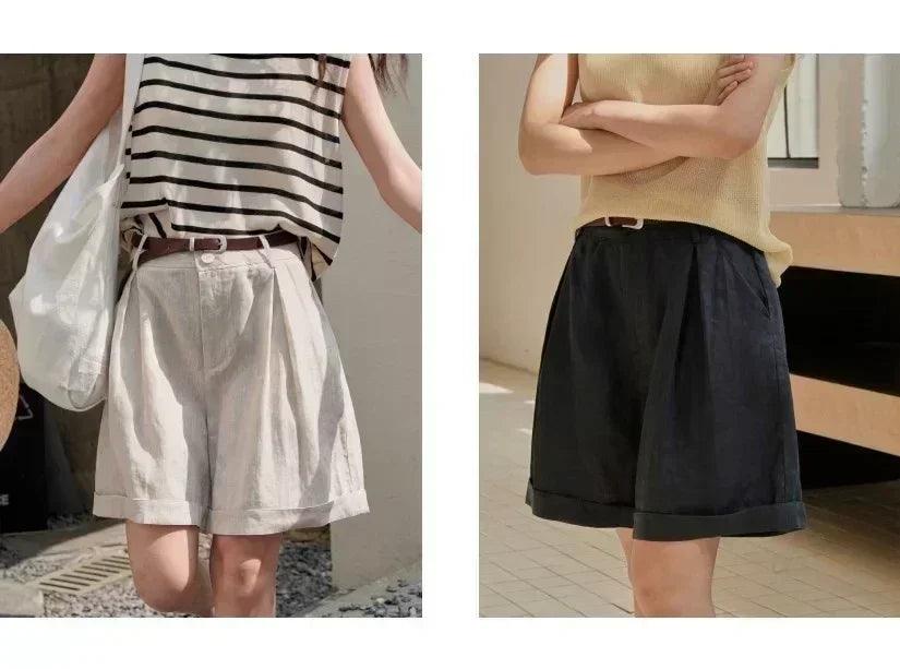 Summer korea style lazy linen curled bermuda shorts wide leg loose slim casual hot pants for women