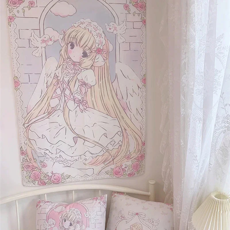 Cute Anime Girl Tapestry Background Cloth Home Decor Kawaii Girl's Room Decorating Items Cartoon Wall Hanging Pink Tapestry