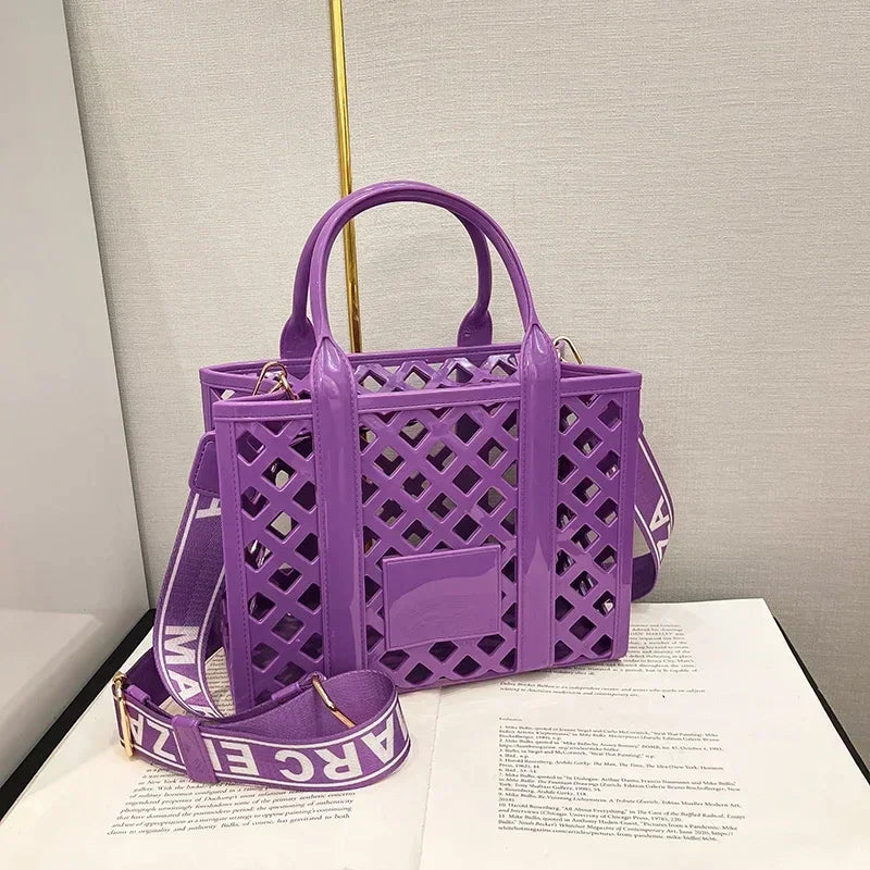 Designer Tote Bag For Women Brand Hollow Out Shoulder Bag 2025 New Travel Beach Handbag Purple Bag Fashion Shopper Purse