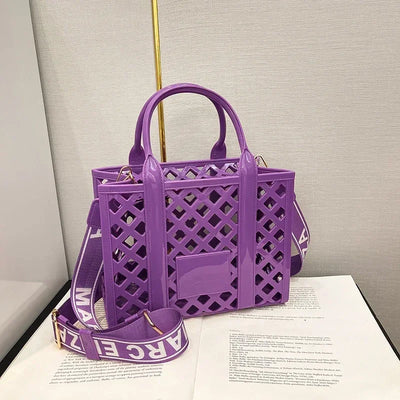 Designer Tote Bag For Women Brand Hollow Out Shoulder Bag 2025 New Travel Beach Handbag Purple Bag Fashion Shopper Purse