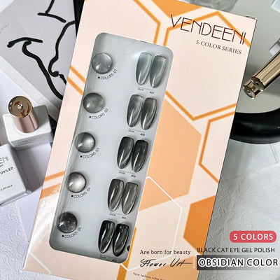 Vendeeni 5 Color/Set Obsidian Cat Eye Gel Nail Polish Magnetic UV LED Gel Varnish Black Crystal Cat Eye Gel Lacquer With Display