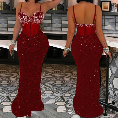 Long Dresses With Sleeves Strapless Sequin Womens Dresses See-through Elegant Party Evening Dress Birthday Prom Maxi Dress XSY22