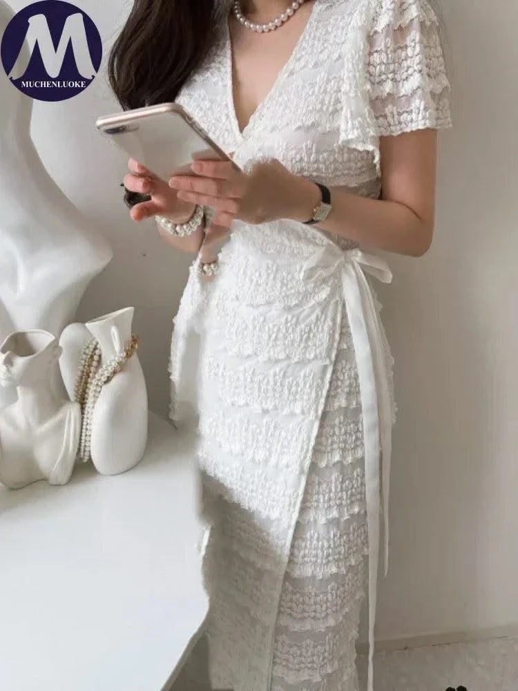 Elegant Sexy Crochet Flower Short Sleeve V Neck Dress, Slim Fit High Waisted Lace Up Dress for Women