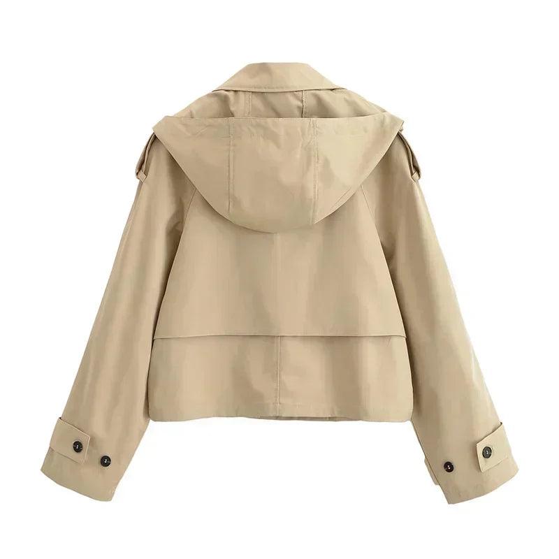 Fashionable khaki short hooded women’s summer jacket casual and versatile