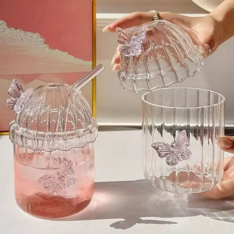 400ML Glass Cup with Lid and Straw, Butterfly Design Round Glass Drinkware, Multipurpose for Coffee, Milk, Cold Drinks, Juice