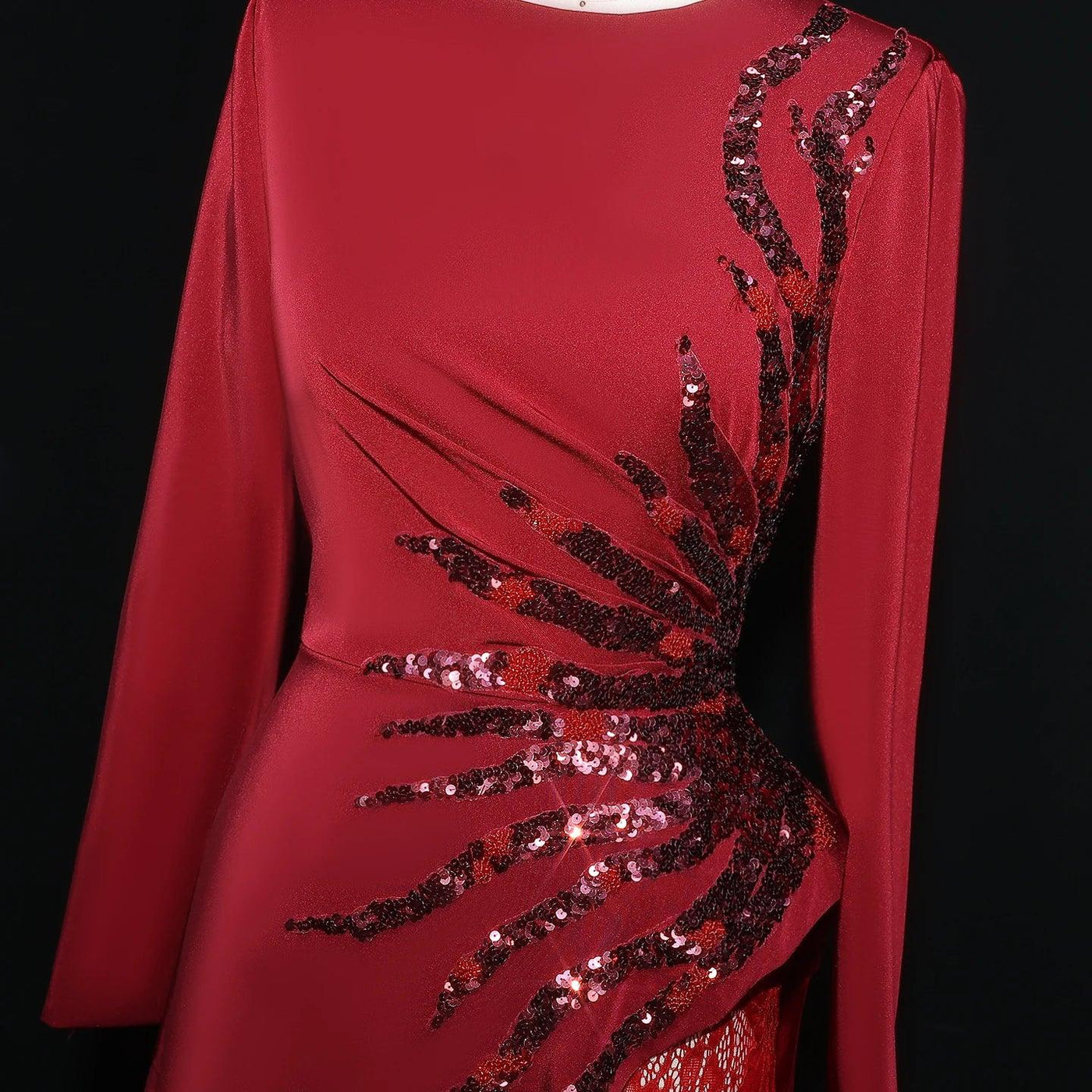 Sharon Said Wine Red Sequined Lace Evening Dresses with Full Sleeves for Women Wedding Party Gown SF266 Customized فساتين سهرة