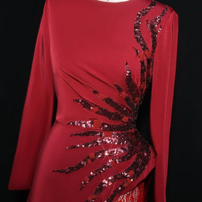 Sharon Said Wine Red Sequined Lace Evening Dresses with Full Sleeves for Women Wedding Party Gown SF266 Customized فساتين سهرة