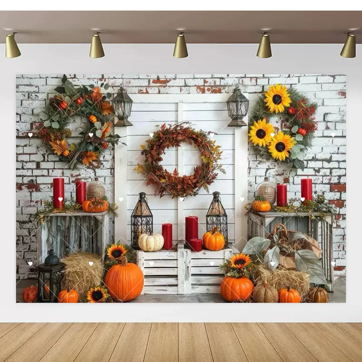 Autumn Thanksgiving Party Photo Backdrop Farm Harvest Maple Leaves Sunflowers Scarecrow Pumpkin Backdrop Poster Studio Photozone