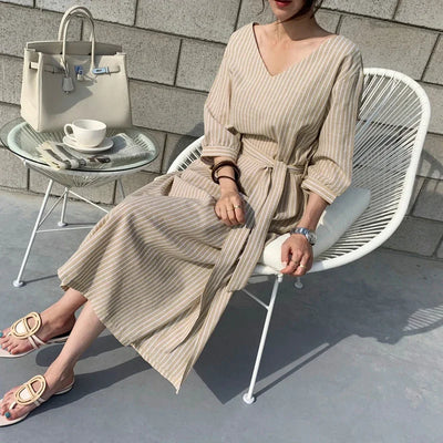 2021 Summer Striped Cotton Linen Long Dress Women Fashion Loose Vestidos Vintage V-neck Half Sleeve Dress for Women Loose
