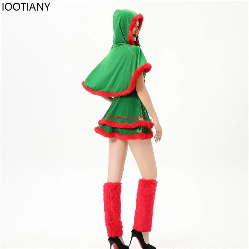 Christmas Costume Women Santa Tube Top Dress With Hood Shawl Belt Xmas Lolita Dresses Christmas Gifts Carnival Party Fancy Suits