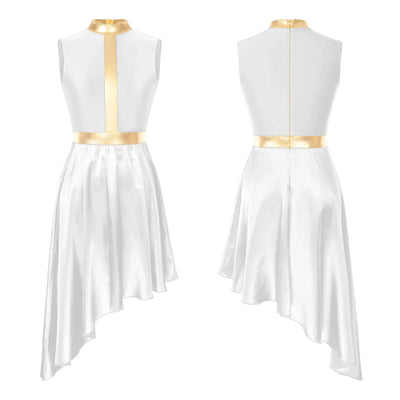 Women Lyrical Dance Dress Color Block Patchwork Invisible Zipper Back Flowy Asymmetrical Hem Sleeveless Dresses Dancewear