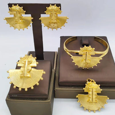 Gold Color Jewelry Sets for Women Bridal Luxury African Map Pendant Earrings Cuff Bangles Adjustable Ring Wedding Ornament Gifts