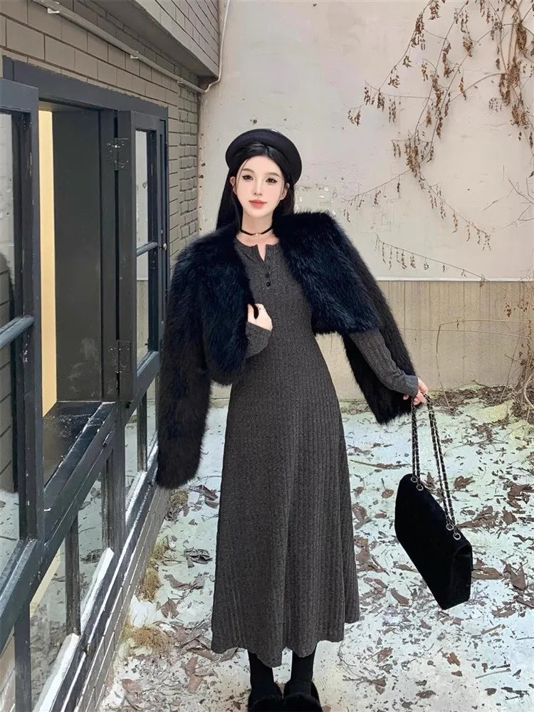 Knitted Sweater Dress Women Casual Long Sleeve French Mid Long Length Knee Dress Coat Ins Fashion Winter Versatile Wardrobe