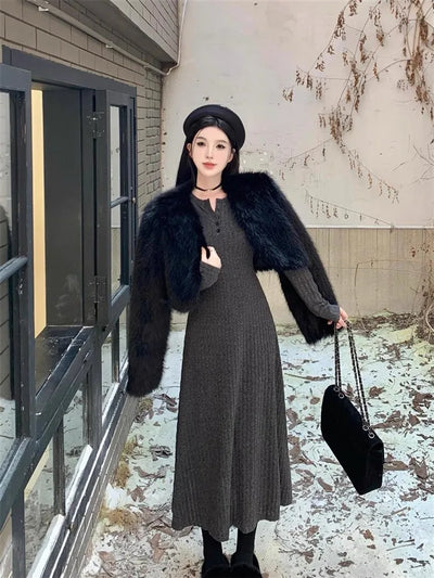Knitted Sweater Dress Women Casual Long Sleeve French Mid Long Length Knee Dress Coat Ins Fashion Winter Versatile Wardrobe