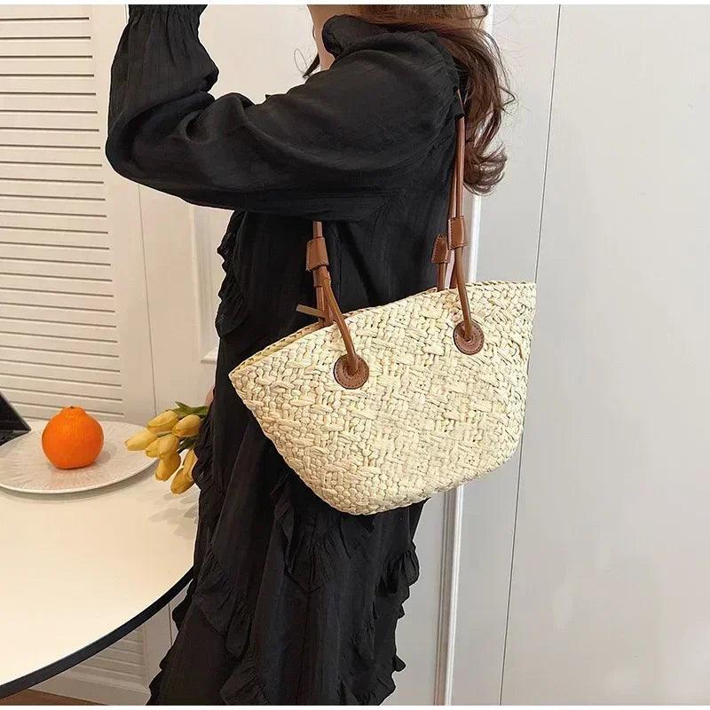 Designer bohemian chic shoulder bag,solid color large capacity straw woven tote bag,nature-inspired beach vacation