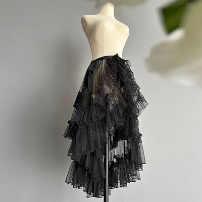 Women Double Layered Lolita Temperament Waist Curtain Sheer Cover Up High Low Skirt w. Asymmetrical Ruffles Skirts 2024 New