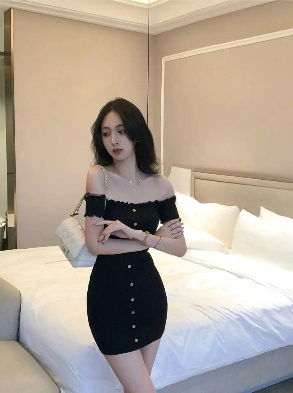 Woman dress for women 2025 vestidos de mujer fashion slash neck tunic robe femme ruffles bodycon knitted button summer